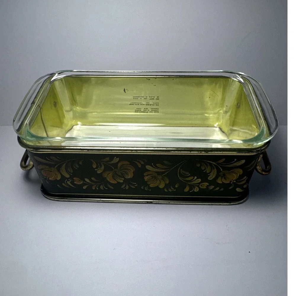 Pyrex Loaf Pan 213 with Floral Metal Cradle Green Gold Vintage Glass Good 1.5QT